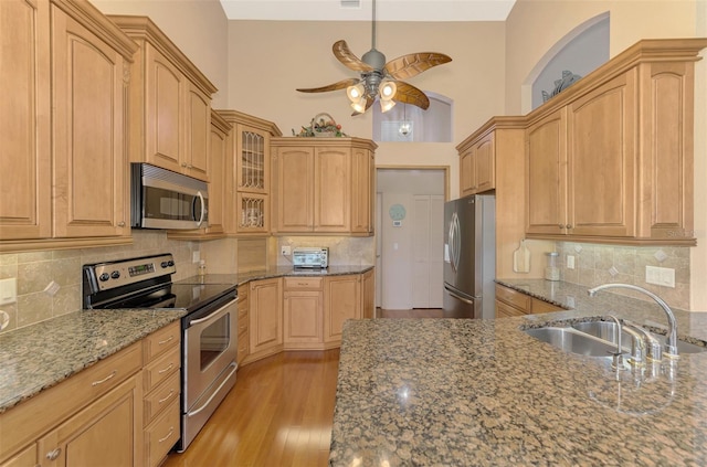 kitchen with light wood-style floors, glass insert cabinets, appliances with stainless steel finishes, stone counters, and a sink