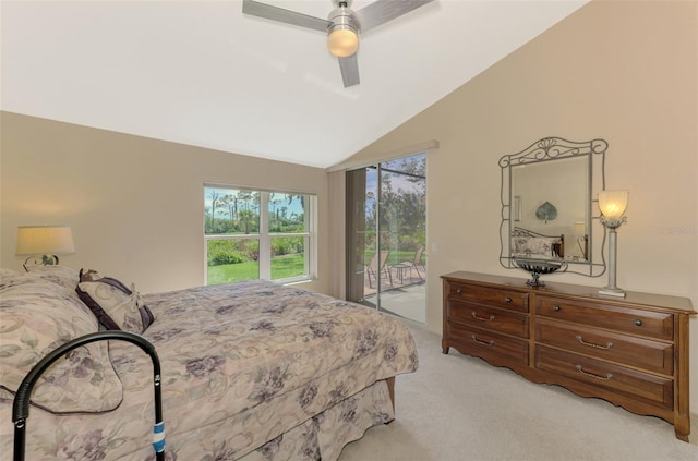 bedroom with lofted ceiling, access to outside, ceiling fan, and light colored carpet