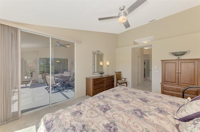 bedroom featuring light carpet, lofted ceiling, a ceiling fan, and access to exterior