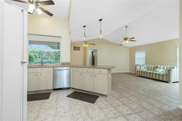 kitchen featuring sink, dishwasher, light brown cabinetry, and kitchen peninsula