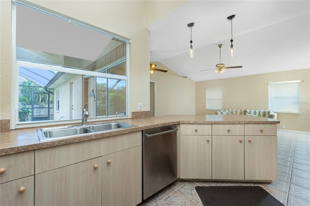 kitchen with light brown cabinetry, dishwasher, lofted ceiling, sink, and kitchen peninsula