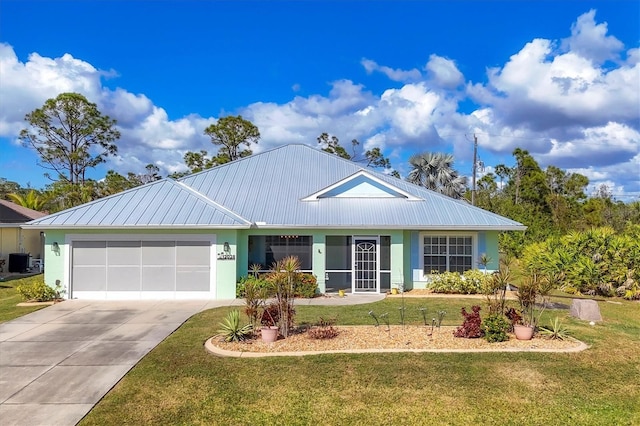 single story home featuring a garage, central air condition unit, and a front lawn