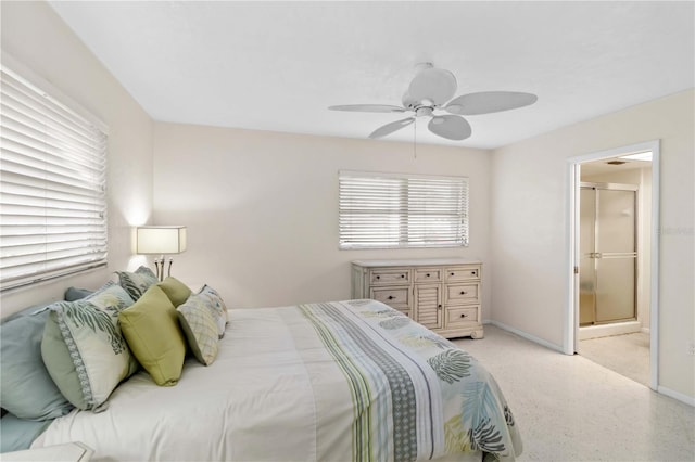 bedroom featuring ceiling fan and connected bathroom