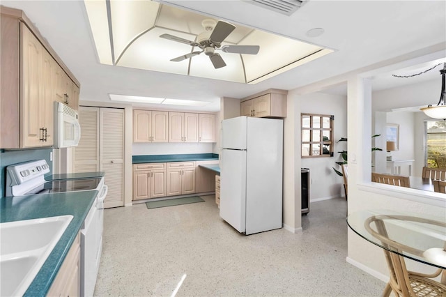 kitchen featuring sink, white appliances, hanging light fixtures, light brown cabinets, and ceiling fan