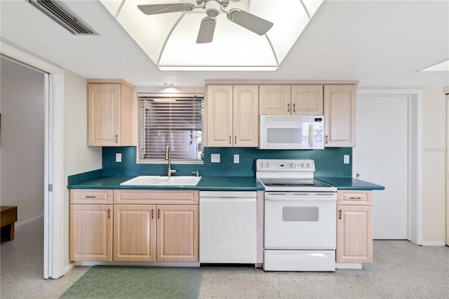 kitchen featuring sink, white appliances, ceiling fan, and light brown cabinets