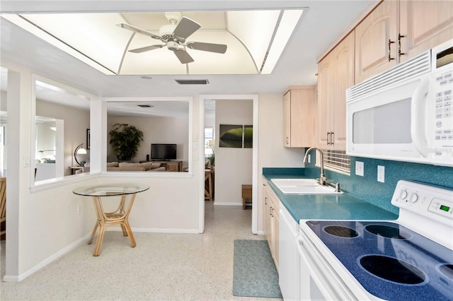 kitchen with sink, backsplash, ceiling fan, light brown cabinets, and white appliances