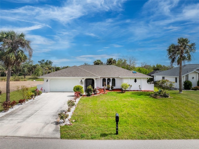 ranch-style home with a garage, stucco siding, driveway, and a front yard