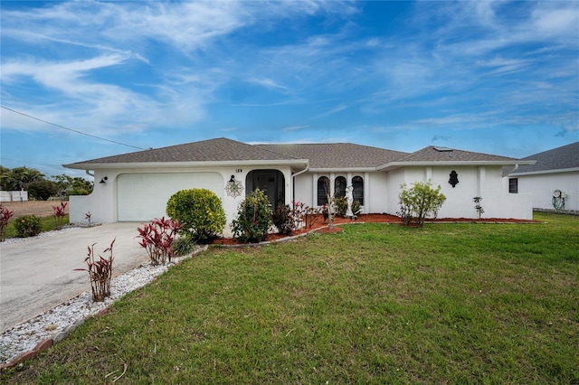 ranch-style house featuring a garage, a front lawn, concrete driveway, and stucco siding