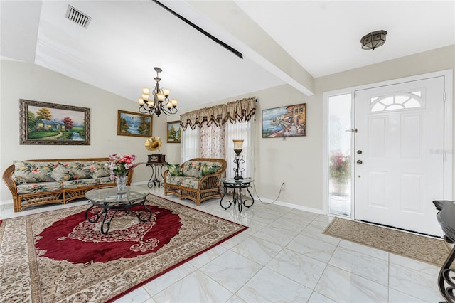 entrance foyer with vaulted ceiling with beams, a notable chandelier, visible vents, baseboards, and marble finish floor