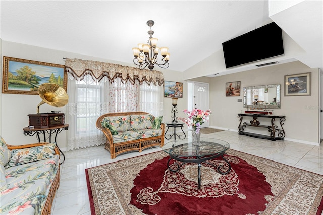 living area with lofted ceiling, a notable chandelier, visible vents, baseboards, and marble finish floor