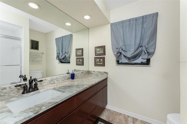 full bath with recessed lighting, baseboards, vanity, and toilet