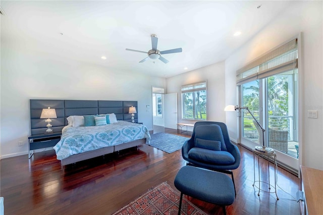 bedroom with dark wood-type flooring, ceiling fan, and access to outside