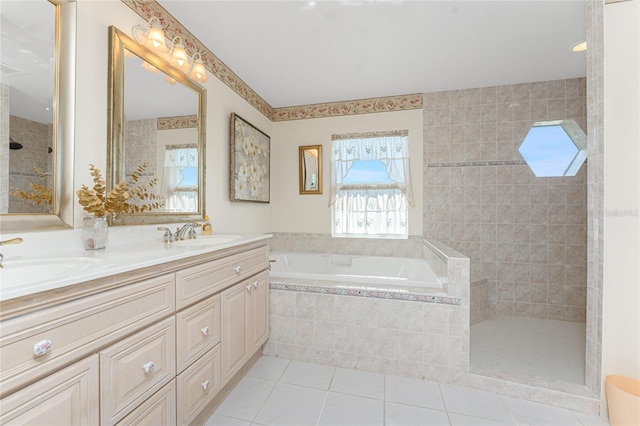 bathroom featuring walk in shower, a sink, a bath, and tile patterned floors