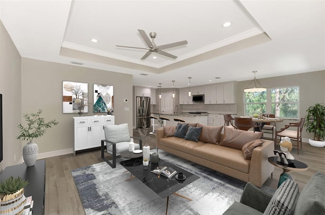 living room with dark wood-style floors and a raised ceiling