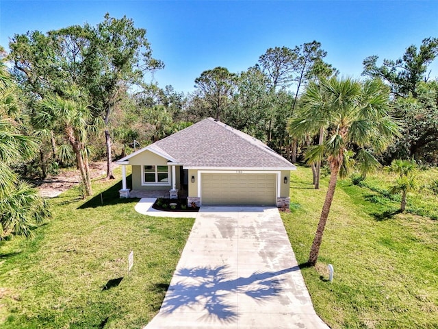 view of front facade featuring stucco siding, a shingled roof, concrete driveway, a garage, and a front lawn