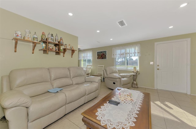 living room featuring light tile patterned floors