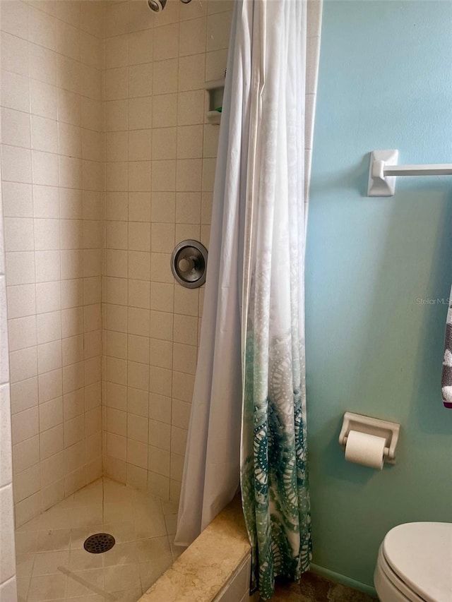 bathroom featuring toilet and a shower with shower curtain