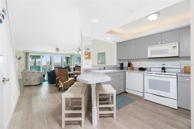 2255 N Beach Rd Unit 13, Englewood, FL 34223 - kitchen featuring a peninsula, white appliances, and gray cabinetry
