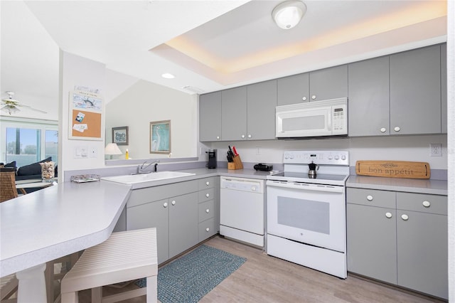 2255 N Beach Rd Unit 13, Englewood, FL 34223 - kitchen with a sink, light countertops, white appliances, and gray cabinetry