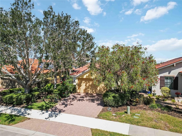 view of property hidden behind natural elements featuring stucco siding, decorative driveway, and a tiled roof