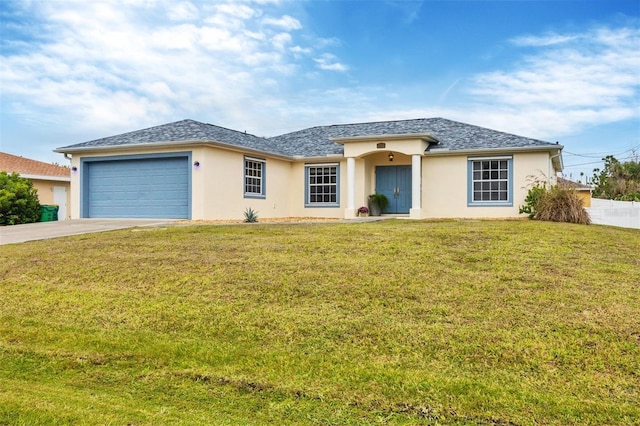 ranch-style house with a garage, driveway, a front lawn, and stucco siding