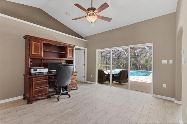 4050 Rock Creek Dr, Port Charlotte, FL 33948 - home office with ceiling fan, baseboards, a sunroom, and light wood-style floors