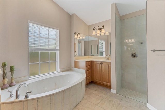 4050 Rock Creek Dr, Port Charlotte, FL 33948 - bathroom featuring a jetted tub, tile patterned flooring, walk in shower, and vanity