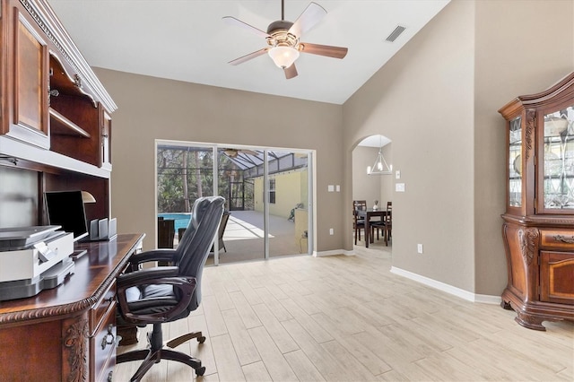 4050 Rock Creek Dr, Port Charlotte, FL 33948 - office with light wood-style floors, visible vents, baseboards, and a ceiling fan