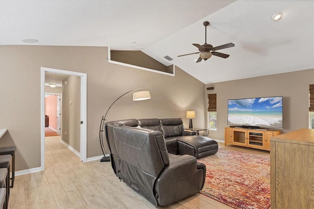 4050 Rock Creek Dr, Port Charlotte, FL 33948 - living room featuring a ceiling fan, visible vents, vaulted ceiling, baseboards, and light wood finished floors