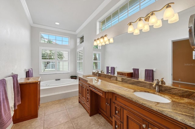 full bath featuring double vanity, ornamental molding, a garden tub, tile patterned flooring, and a sink