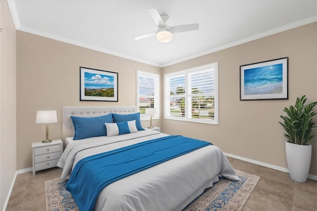 bedroom with light tile patterned floors, ornamental molding, a ceiling fan, and baseboards