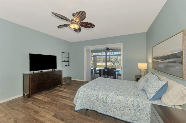 bedroom with access to outside, baseboards, ceiling fan, and wood finished floors