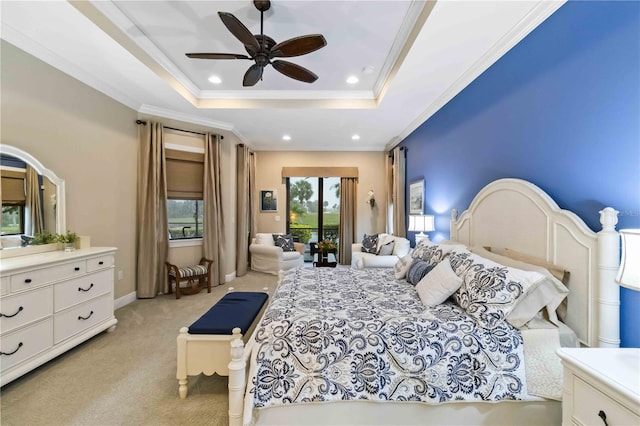 bedroom featuring a raised ceiling, light colored carpet, ornamental molding, access to outside, and recessed lighting