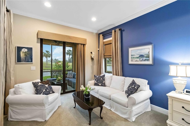 living room with baseboards, ornamental molding, recessed lighting, and light colored carpet