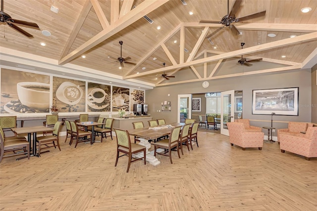 dining room featuring wood ceiling, high vaulted ceiling, beamed ceiling, and recessed lighting