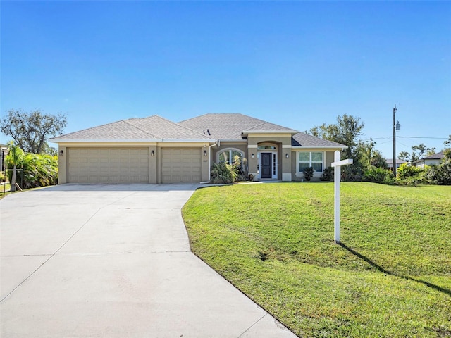 view of front of house with stucco siding, a front lawn, concrete driveway, and a garage