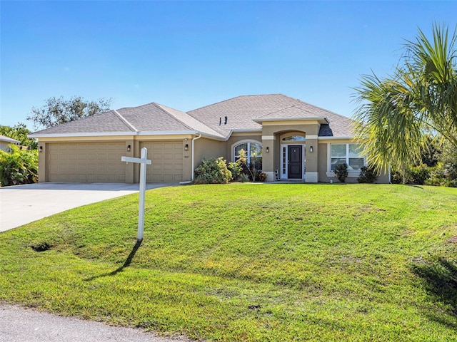 view of front of property featuring a garage, driveway, a shingled roof, a front lawn, and stucco siding