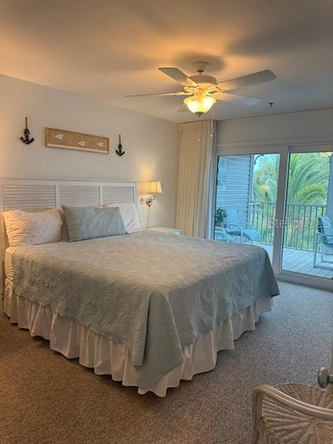 bedroom with ceiling fan, carpet floors, and access to exterior