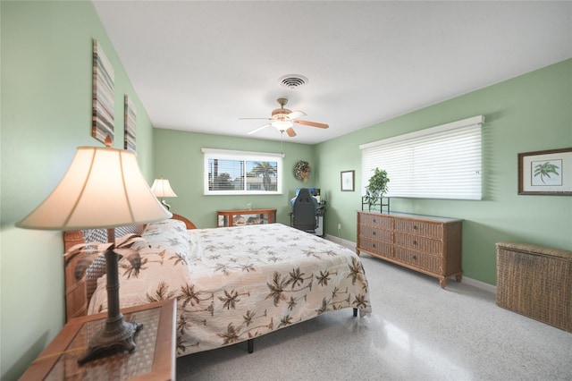 bedroom with a ceiling fan, visible vents, and baseboards