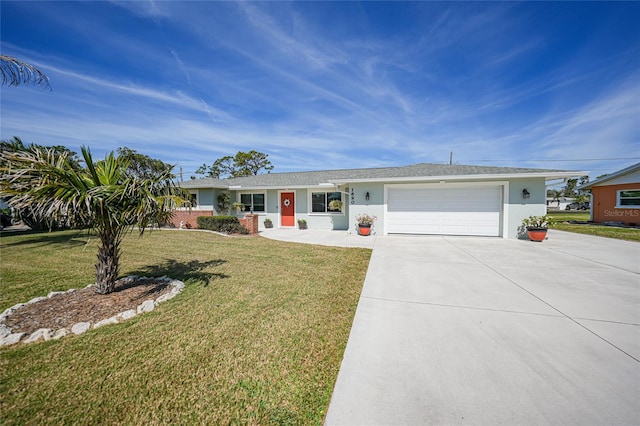 ranch-style home featuring a garage, stucco siding, driveway, and a front yard