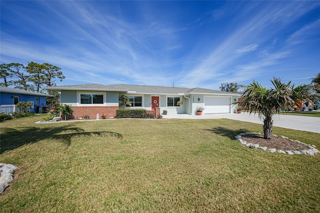 single story home with a garage, brick siding, concrete driveway, and a front yard