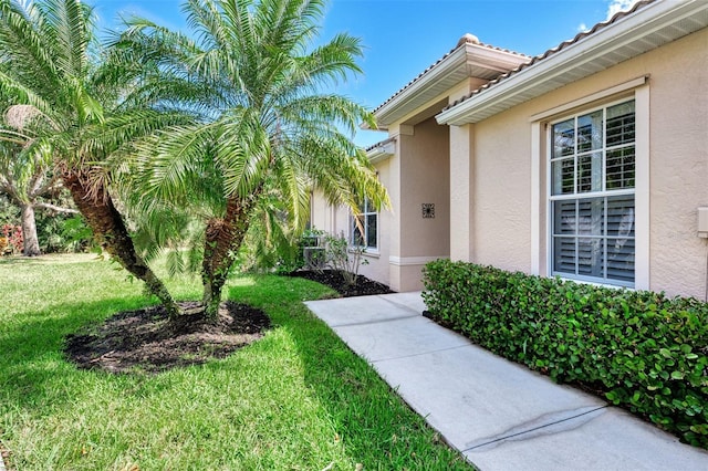 property entrance with a tiled roof, a lawn, and stucco siding