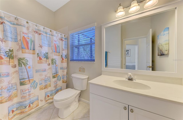 bathroom featuring baseboards, toilet, curtained shower, tile patterned flooring, and vanity