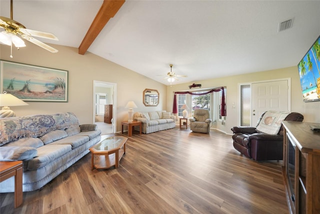 living room featuring lofted ceiling with beams, visible vents, dark wood finished floors, and a ceiling fan