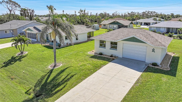 single story home with concrete driveway, a shingled roof, a residential view, and stucco siding