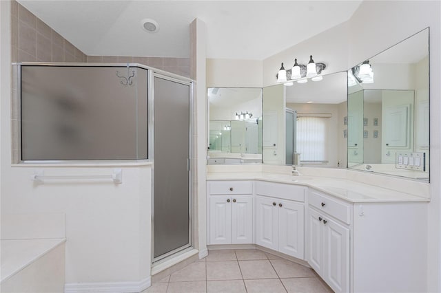 full bathroom featuring a shower stall, vanity, and tile patterned floors