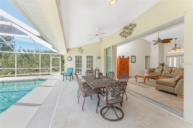 exterior space featuring ceiling fan, a patio, a lanai, and an outdoor living space