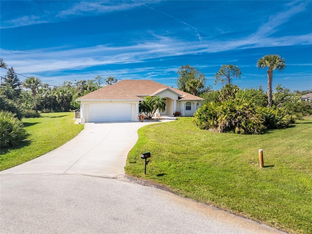 ranch-style home with a front yard, driveway, an attached garage, and stucco siding