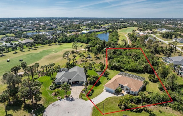 48 Par View Ct, Rotonda West, FL 33947 - aerial perspective of suburban area featuring property parcel outlined, a golf club, and a large body of water