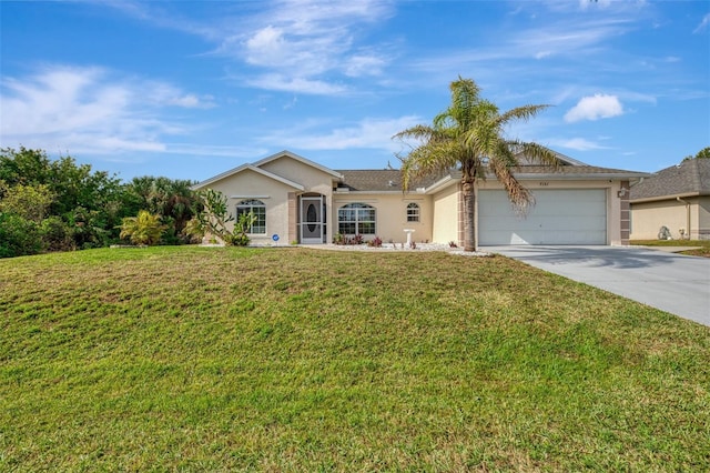 ranch-style home with driveway, stucco siding, a garage, and a front yard